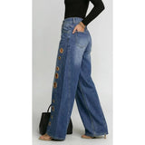 New jeans for women, metal eyelet design, casual loose high-waisted wide-leg jeans