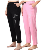 Cotton Blend Straight Fit Trouser for Women (Black & Pink, M) (Pack of 2)