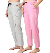 Cotton Blend Straight Fit Trouser for Women (Grey & Pink, M) (Pack of 2)
